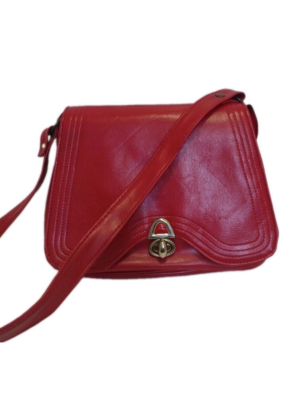 70s Retro Mod Red Shoulder Bag Vintage Faux Leather Turn Lock Crossbody Purse